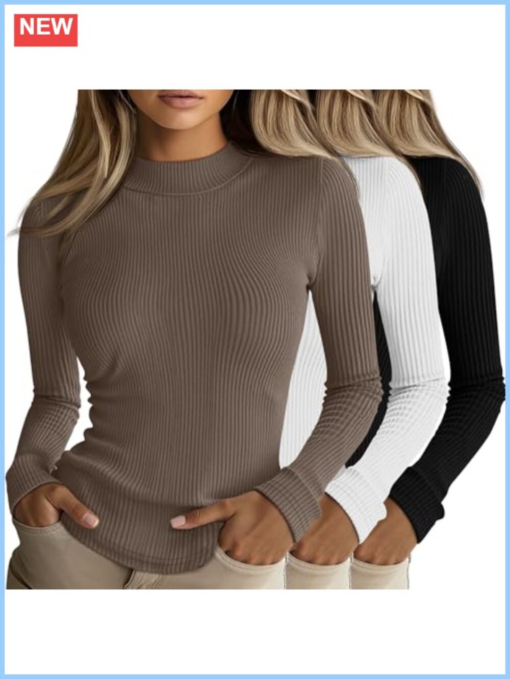 Mock Neck Ribbed Long Sleeve Tops Stretch Slim Fit 3 Pack